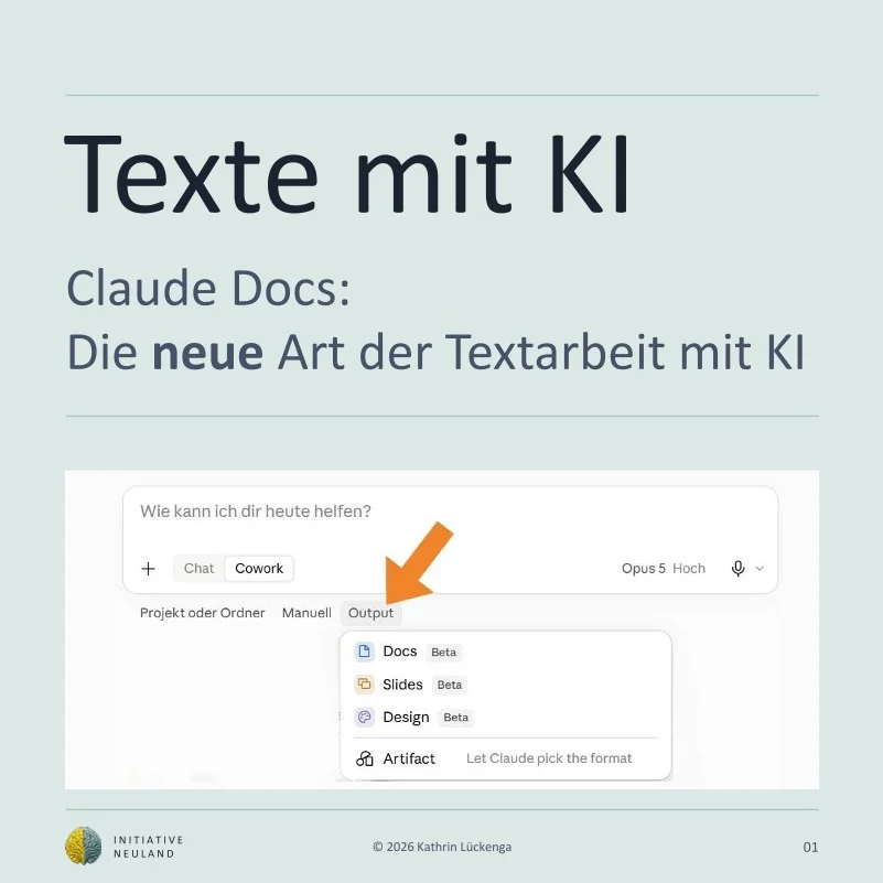 Titelfolie Texte mit KI zu Claude Docs, darunter ein Screenshot des Claude-Eingabefelds mit geöffnetem Output-Menü und den Einträgen Docs, Slides, Design und Artifact