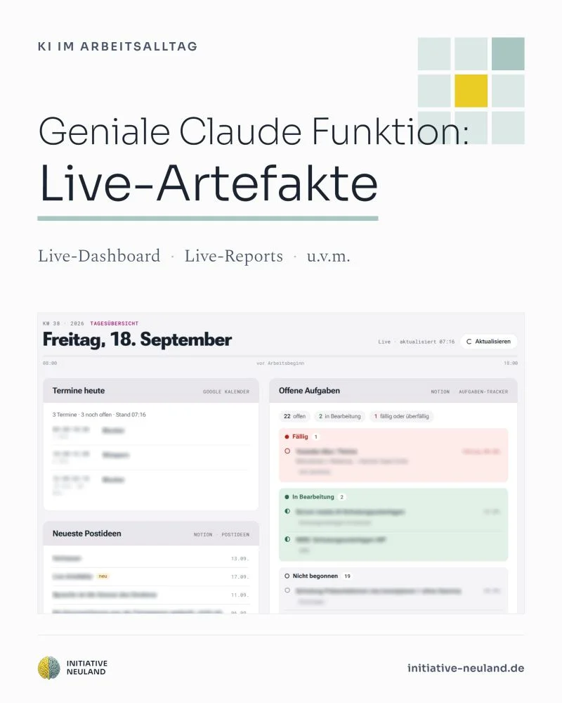 Live-Artefakte in Claude: Titelgrafik mit dem Screenshot eines Live-Dashboards mit Terminen, offenen Aufgaben und Postideen für Freitag, 18. September
