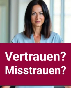 Vertrauen in Texte: Porträt von Kathrin Lückenga über einem magentafarbenen Banner mit den Worten Vertrauen? Misstrauen?
