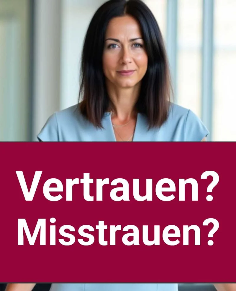 Vertrauen in Texte: Porträt von Kathrin Lückenga über einem magentafarbenen Banner mit den Worten Vertrauen? Misstrauen?