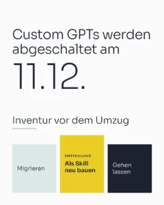Grafik zum Abschalttermin 11.12. mit drei Wegen, Custom GPTs zu migrieren: migrieren, als Skill neu bauen, gehen lassen
