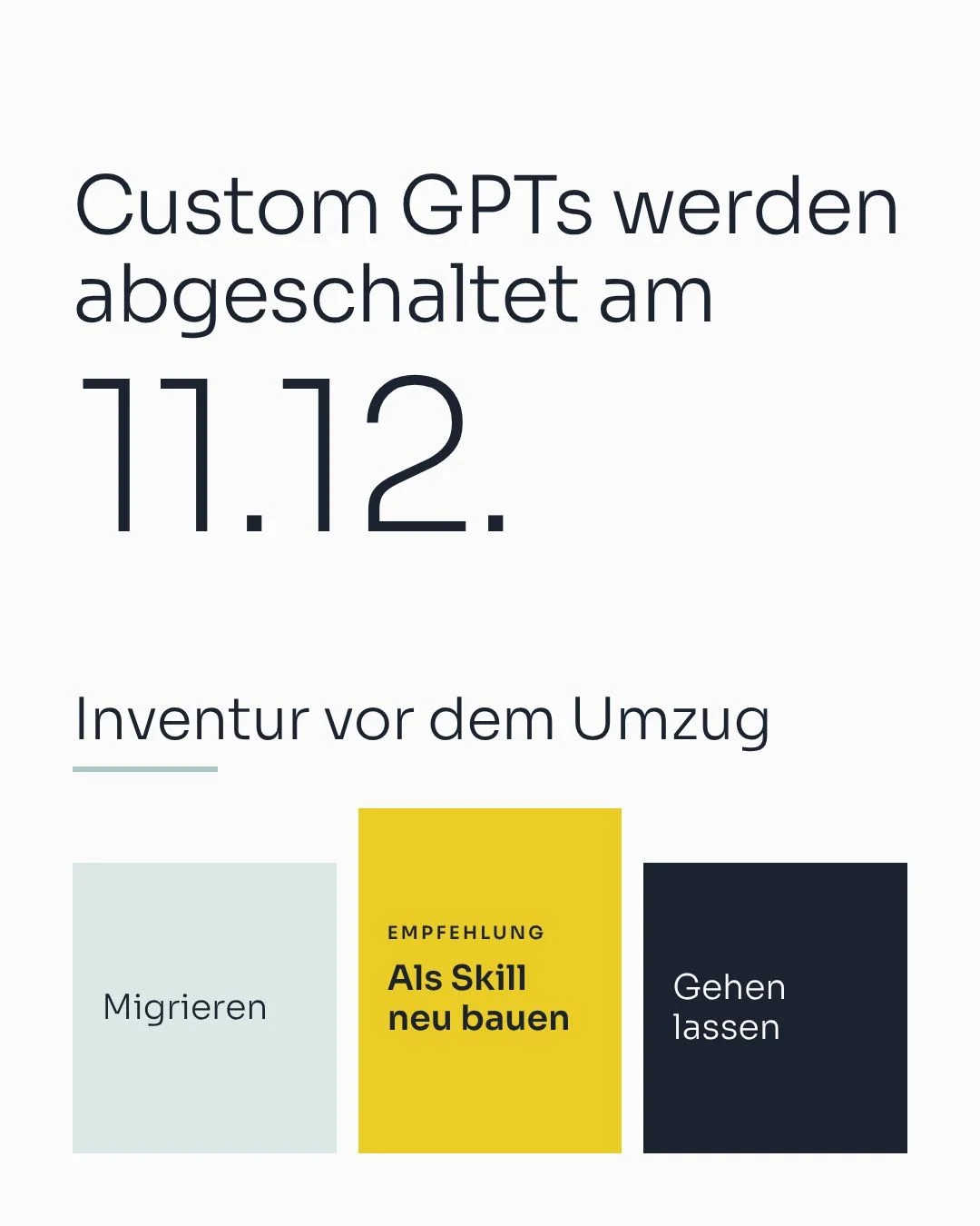 Grafik zum Abschalttermin 11.12. mit drei Wegen, Custom GPTs zu migrieren: migrieren, als Skill neu bauen, gehen lassen