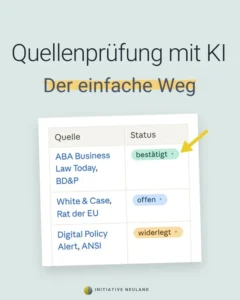 Titelgrafik Quellenprüfung mit KI mit einer Tabelle aus Quellen und den Status-Markierungen bestätigt, offen und widerlegt