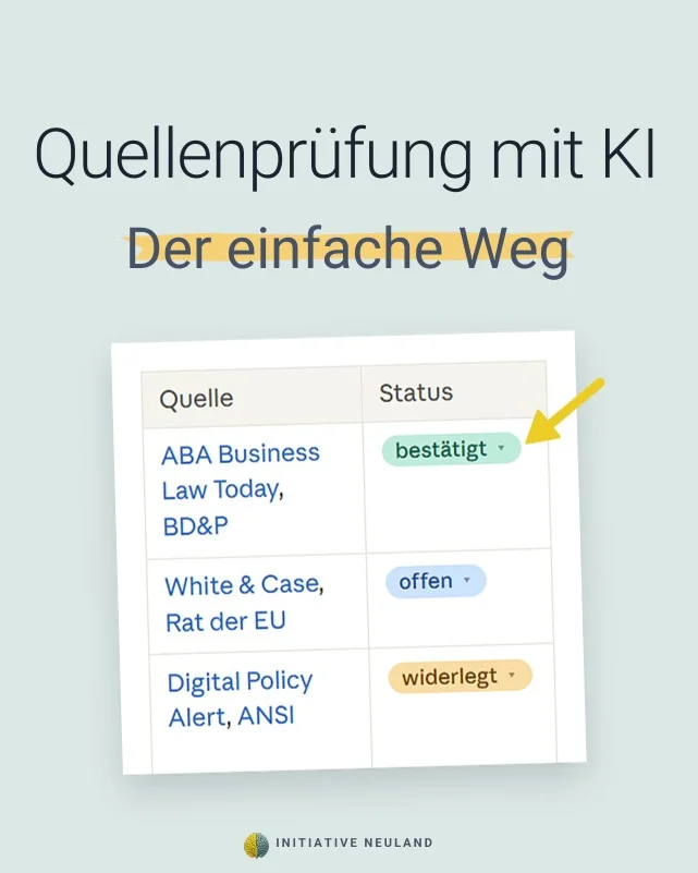Titelgrafik Quellenprüfung mit KI mit einer Tabelle aus Quellen und den Status-Markierungen bestätigt, offen und widerlegt